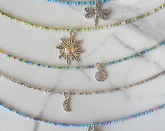 Silver Charm Choker, STAINLESS STEEL, Seed Bead Jewelry, Multi-Color Choker, Smiley Face Beaded Choker, Colorful Summer Necklace