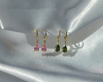 Mini Teardrop Crystal Earrings, Teardrop Huggie Hoops, Pink Jewelry, Dainty Jewelry, Olive Leverback Earrings, Gift for Her