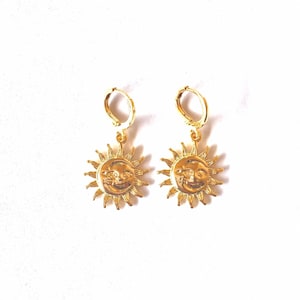 Sun & Moon Huggies | 18K gold-plating, Celestial Earrings, Gold Star Earrings, Moon and Sun Earrings, Space Earrings, Minimalist Hoops