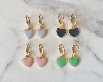 Enamel Heart Earrings | Sage Heart Earrings, Dainty Heart Earrings, Minimalist Heart Huggies, Colorful Heart Earrings