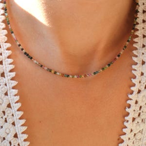 Tourmaline Tiny Gemstone Beaded Necklace, Dainty Gemstone Necklace, Waterproof Crystal Beaded Choker, Gold-Filled, Stainless Steel, 2mm