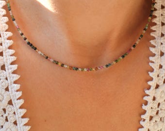 Tourmaline Tiny Gemstone Beaded Necklace, Dainty Gemstone Necklace, Waterproof Crystal Beaded Choker, Gold-Filled, Stainless Steel, 2mm