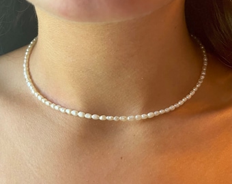 Dainty Pearl Choker, STAINLESS STEEL, Waterproof Natural Freshwater Pearl Necklace, Real Rice Pearl Necklace, Tiny Pearl Necklace