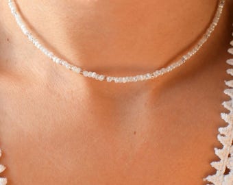 Quartz Dainty Waterproof Seed Bead Necklace, Stainless Steel Beaded Choker, Neutral Minimalist Necklace, Summer Necklaces, Gold-Filled, 3mm
