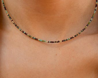Mountain River Tiny Waterproof Seed Bead Necklace, Stainless Steel Beaded Choker, Multi-Color Choker, Summer Necklaces, Gold-Filled, 2mm