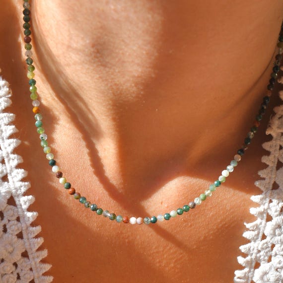 Collier Perles Agate Indienne Verte - Acier Inoxydable - Neuf Avec étiquettes