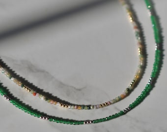 Tiny Gemstone & Metal Beaded Necklace, Tiny Faceted Gemstone Necklace, Waterproof Crystal Beaded Choker, Gold-Filled, Stainless Steel