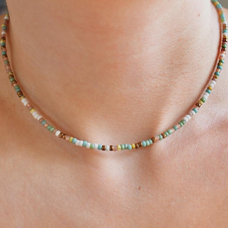 Dainty Waterproof Seed Bead Necklace, Summer Jewelry, Durable Necklace, Colorful Beaded Choker, 8/0 3mm Beaded Necklace, Stainless Steel image 7