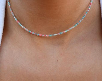 Mermaid Beach kleine wasserdichte Samenperlen-Halskette, Edelstahl-Perlen-Halsreif, mehrfarbige Choker, Sommer-Halsketten, Gold-gefüllt, 2 mm