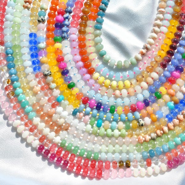 Mixed Chunky Rondelle Gemstone Beaded Necklace, Candy Disc Gemstone Beaded Necklace, Crystal Beaded Choker, Gold-Filled, Stainless Steel