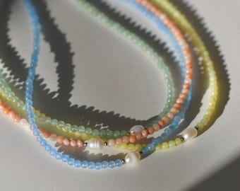 Perlen Akzent Zierliche Wasserdichte Edelstein Perlen Halsband, Edelstahl Edelstein Halskette, Kristall Halskette, Heilstein Halskette