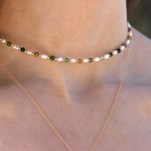 Freshwater Pearl & Dainty Gemstone Necklace, Beaded Crystal Choker, Waterproof Bead Necklace, Adjustable, Stainless Steel, Gold-Filled