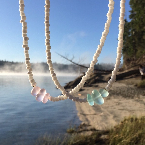 Sea Glass Beaded Choker, STAINLESS STEEL, Summer Beaded Choker, Beach Necklace