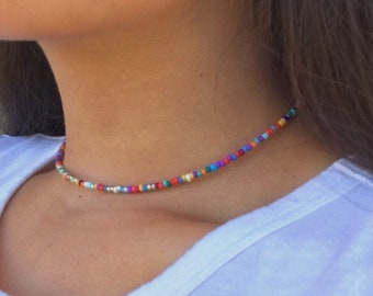 Multi-Color Choker, STAINLESS STEEL. Rainbow Beaded Choker, Summer Necklace