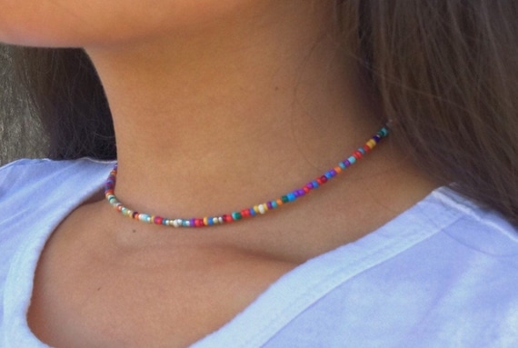 Multi color Choker STAINLESS STEEL. Rainbow Beaded Choker Summer