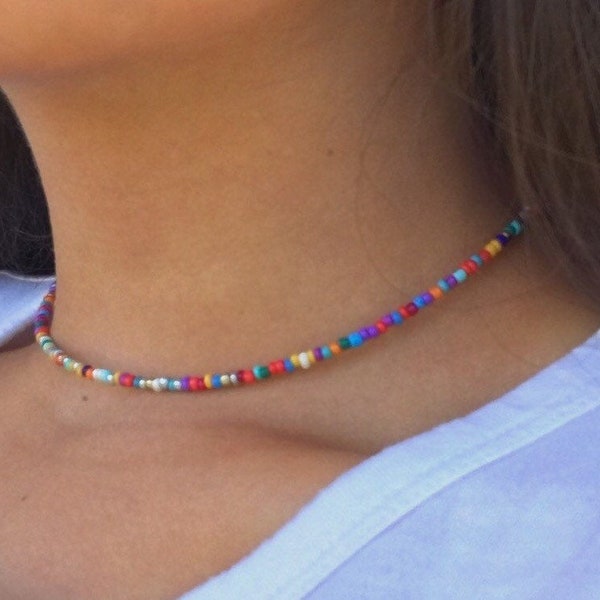 Multi-Color Choker, STAINLESS STEEL. Rainbow Beaded Choker, Summer Necklace