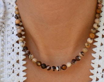 Zebra Jasper Gemstone Beaded Choker, Waterproof Crystal Necklace, 14k Gold-Filled, 6mm