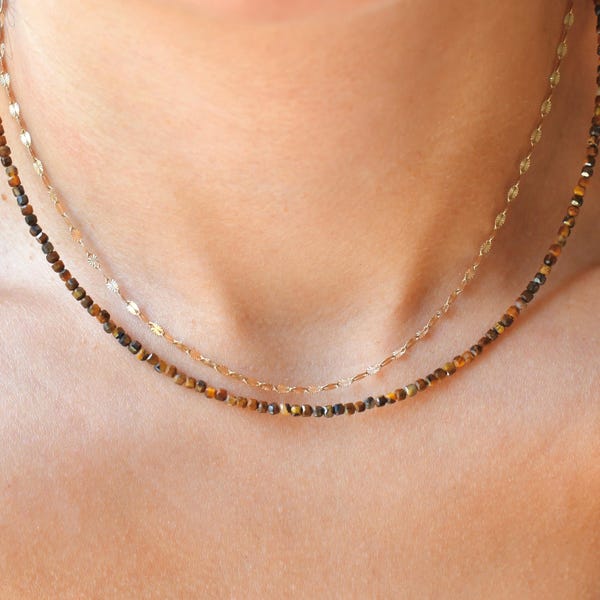 Tiger's Eye Tiny Cube Faceted Gemstone Beaded Necklace, Dainty Sparkly Gemstone Beaded Necklace, Waterproof Crystal Choker, Stainless Steel
