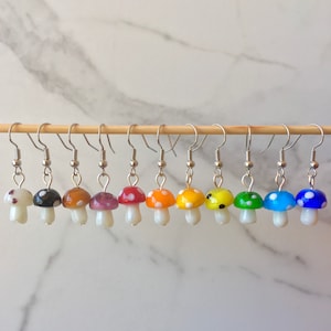Mushroom Earrings | Glass Mushroom Earrings, Hippie Jewelry, Colorful Unique Hoops, Gold-Plated Earrings, Red Mushroom Huggies