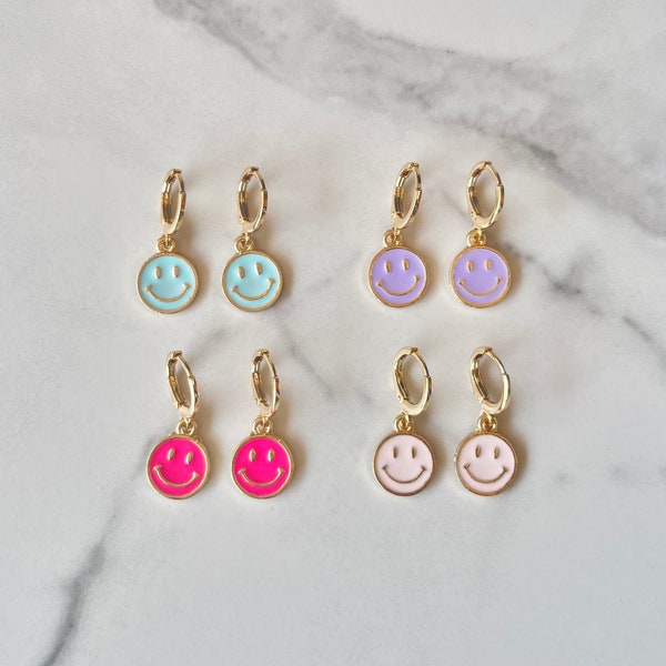 Colorful Happy Face Earrings | Smile Face Earrings, Neon Smile Face Huggies, Funky Earrings, Happy Face Huggies