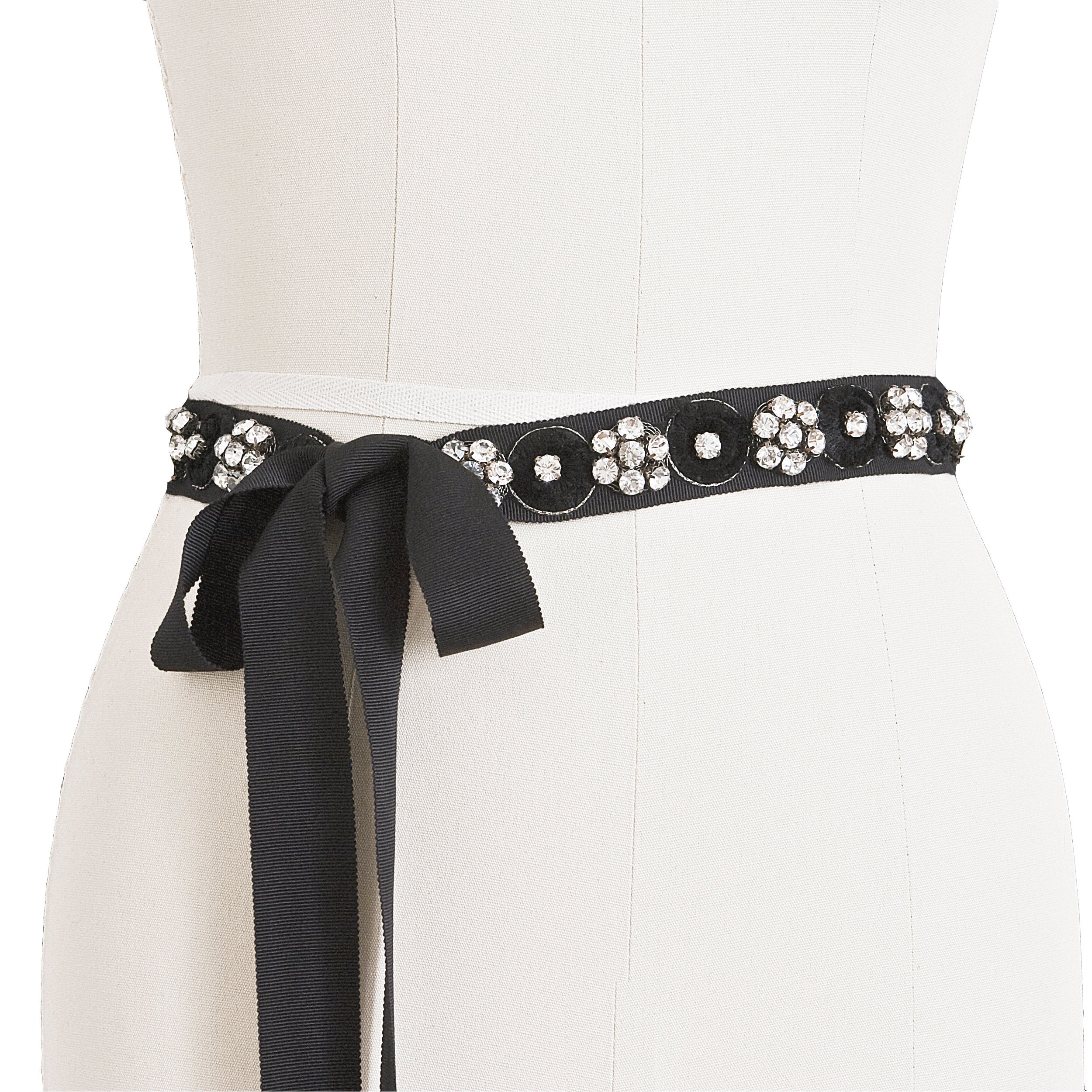 Rhinestone Tie Belt, Black Tie Belt, Hand Stitched on Rayon Ribbon