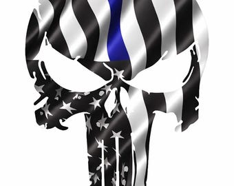 May include: A stylized skull design with a waving American flag pattern in black, white, and a blue stripe. The lower portion features stars and stripes, creating a patriotic and edgy aesthetic.