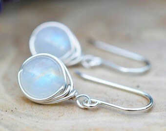 Rainbow Moonstone Earrings 925 - Wire Wrapped Drop Earring - Feminine Dainty Earrings - Healing Psychic Crystal - Ethereal - The Ivy Bee