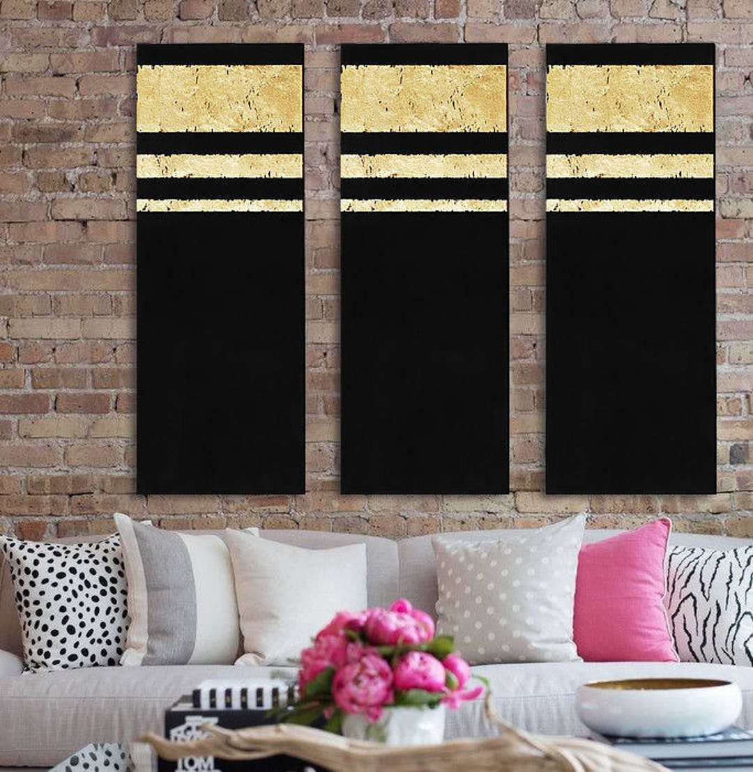 Set of 3 Black & Gold Leaf Abstract Art Panels Etsy