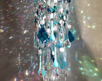 Turquoise Blue Crystal Suncatcher: Glass Wind Chime Mobile
