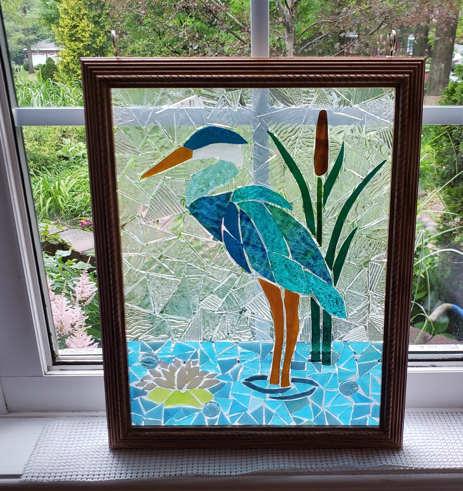 Blue heron stained glass panel. Mosaic window panel. Lily Etsy