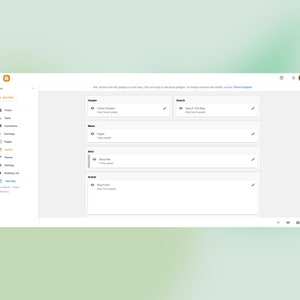 May include: A screenshot of a website builder interface. The interface is white with a gray background. The left side of the screen shows a menu with options for posts, pages, comments, earnings, settings, and more. The right side of the screen shows a layout with sections for header, menu, side, article, and search. The text 'Add, remove and edit widgets on your blog. Click and drag to rearrange gadgets. To change columns and widths, use the Theme Designer.' is displayed at the top of the screen.