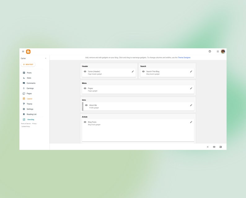 May include: A screenshot of a website builder interface. The interface is white with a gray background. The left side of the screen shows a menu with options for posts, pages, comments, earnings, settings, and more. The right side of the screen shows a layout with sections for header, menu, side, article, and search. The text 'Add, remove and edit widgets on your blog. Click and drag to rearrange gadgets. To change columns and widths, use the Theme Designer.' is displayed at the top of the screen.