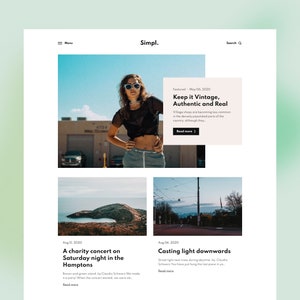 May include: A website homepage for a fashion and lifestyle blog called "Simpl." The homepage features three articles: "Keep it Vintage, Authentic and Real", "A charity concert on Saturday night in the Hamptons", and "Casting light downwards".