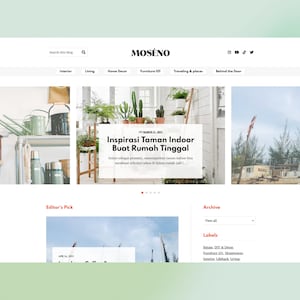 May include: A website homepage for a home decor blog called "Moseno". The homepage features a blog post titled "Inspiration for Indoor Gardens for Apartments". The blog post features a photo of a small indoor garden with plants in pots on a shelf. The website also features a section for "Editor's Pick" and "Archive".