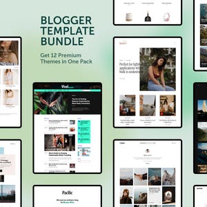 May include: A collection of website templates displayed on various screens. The text "BLOGGER TEMPLATE BUNDLE" and "Get 12 Premium Themes in One Pack" are visible. Several website designs are shown, with the names "Domi", "Viral", and "Carter" visible.