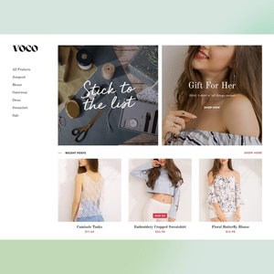 May include: A website homepage for a clothing store called "VOCO". The homepage features a banner image with the text "Stick to the list" and a model wearing a striped off-the-shoulder top. Below the banner are three product images with the text "Camisole Tanks", "Embroidery Cropped Sweatshirt", and "Floral Butterfly Blouse".
