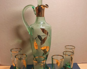 Carafe et ses 6 verres en verre soufflé de 1920