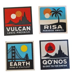 May include: Four square stickers with travel-themed designs. One features a red background with the word "VULCAN" and the text "LOGIC PREVAILS". Another shows a palm tree and the word "RISA". The third depicts the Golden Gate Bridge and the word "EARTH". The last one has the word "QO'NOS".