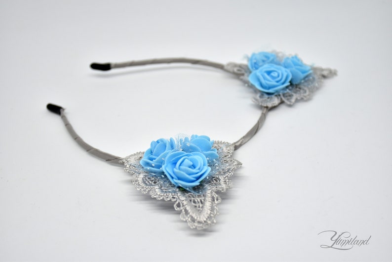kitten play ears Grey lace kitty ears with blue flowers Kitty Ears kitten ears fox ears disney ears minnie ears Fur Ears Cat Ears