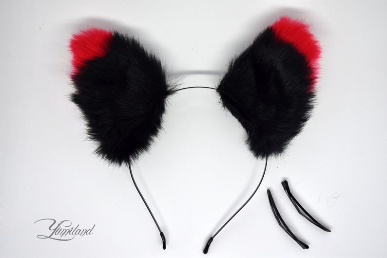 Black and Red Cat Ears Anime Ears kitten ears Kitty Ears kitten play ears Cat Ears Huge clipheadband in cat ears Fur Ears