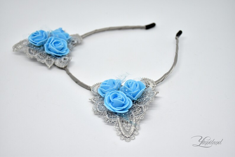 kitten play ears Grey lace kitty ears with blue flowers Kitty Ears kitten ears fox ears disney ears minnie ears Fur Ears Cat Ears