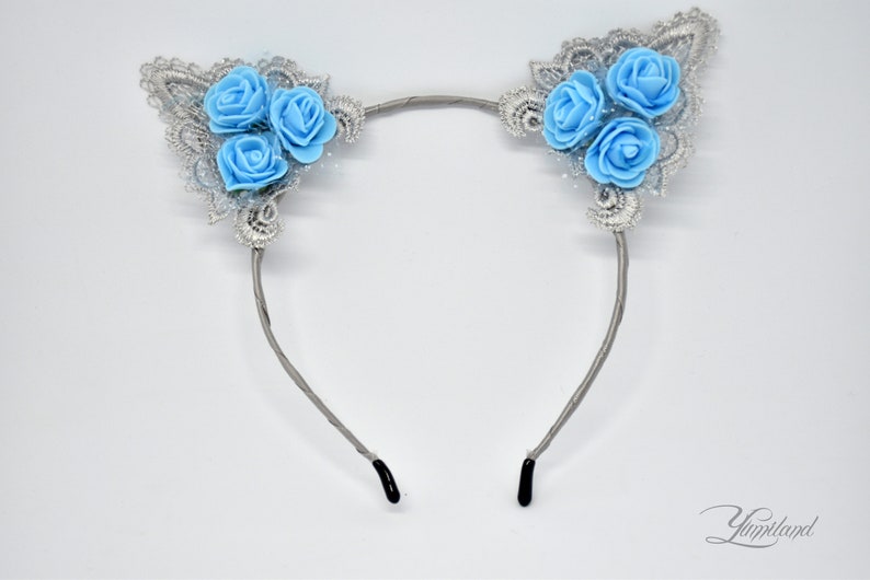 kitten play ears Grey lace kitty ears with blue flowers Kitty Ears kitten ears fox ears disney ears minnie ears Fur Ears Cat Ears