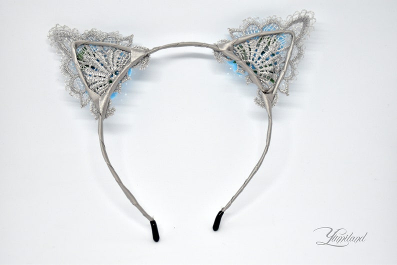 kitten play ears Grey lace kitty ears with blue flowers Kitty Ears kitten ears fox ears disney ears minnie ears Fur Ears Cat Ears