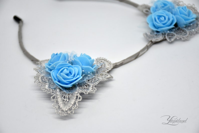 kitten play ears Grey lace kitty ears with blue flowers Kitty Ears kitten ears fox ears disney ears minnie ears Fur Ears Cat Ears