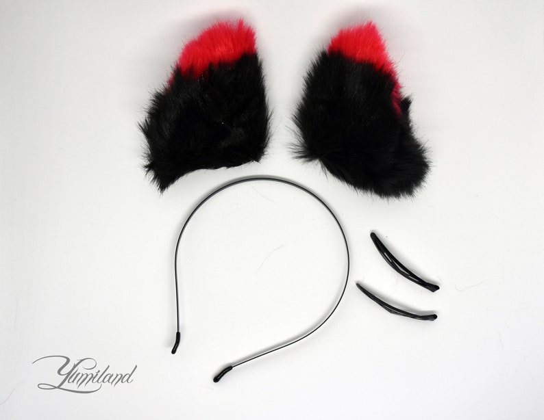 Black and Red Cat Ears Anime Ears kitten ears Kitty Ears kitten play ears Cat Ears Huge clipheadband in cat ears Fur Ears