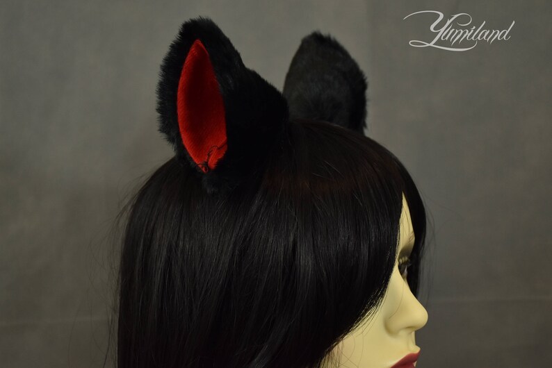 Huge Clip on Cat Ears Cat Ears Kitty Ears Anime Ears Fluffy Ears Fluffy ears Fur Ears Black/&Red Cat Ears Clip on Ears