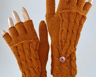 Damenhandschuhe " mit Kappe im klassischen Zopfmuster aus Biowolle