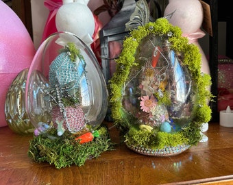 One of a kind Easter egg enchanted terrarium, rhinestone Easter egg, custom designed spring terrarium, lighted Easter decor, gift for mom