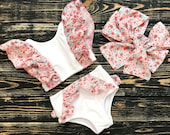 Two Piece White Cute Bikini Bathing Suit for Teens Girls (Top And Bottom)