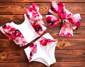 White Floral Bathing Suit for Girls Handmade Bikini Swimsuit Set (Top Bottom) Size Newborn to Children Baby Girl Gift from Uncle